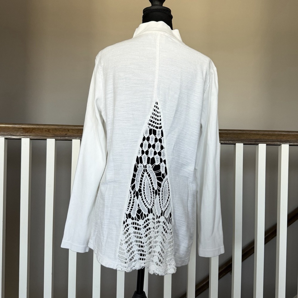 XCVI Wearable Lace Crochet Zip Up Jacket Medium White Cotton Stretch Boho - Picture 3 of 12